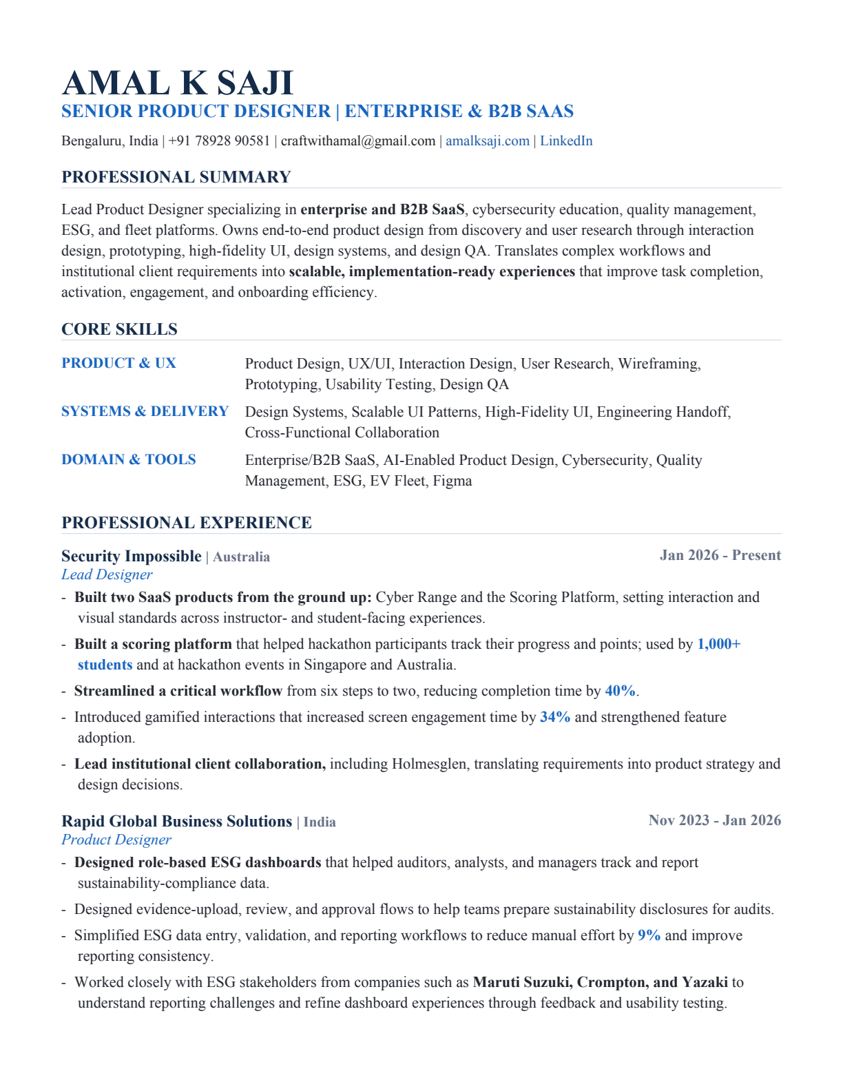 Amal K Saji résumé, page 1